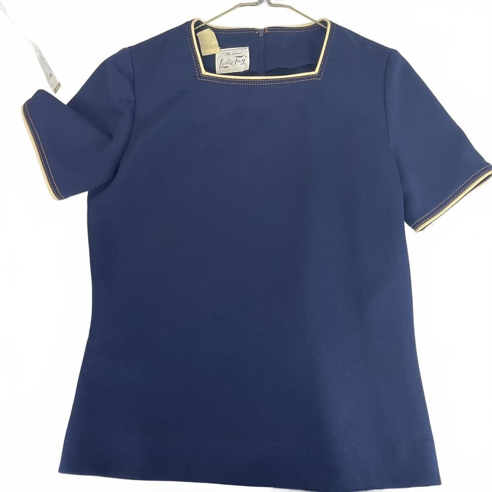 Vintage‎ Leslie Fay Navy Blue Square Neck Mod Blouse Contrast Trim Short Sleeve